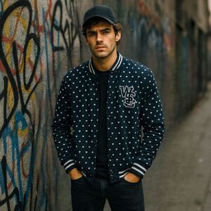 WESC Sz L Varsity Jacket Black Fox Print Button-Up Bomber Streetwear Skate Prep